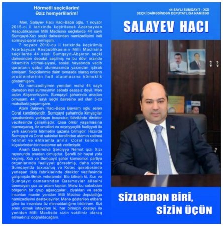 HACI SALAYEV ÖZÜNÜ MİLLƏT VƏKİLİ KİMİ DOĞRULTMUŞDUR