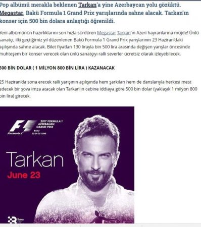 Tarkanın Bakı konsertindən əldə edəcəyi qonorar açıqlandı